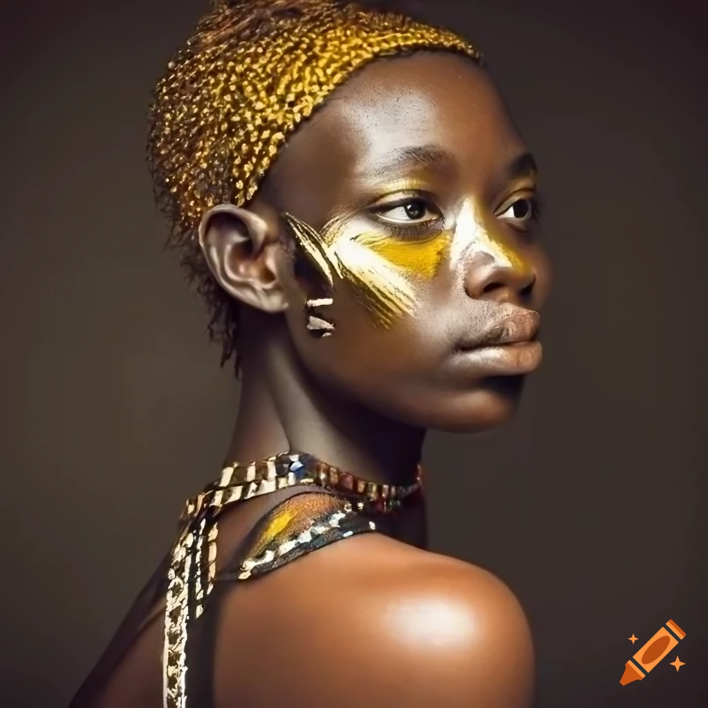 portrait of a young African girl warrior chief with tribal panther makeup