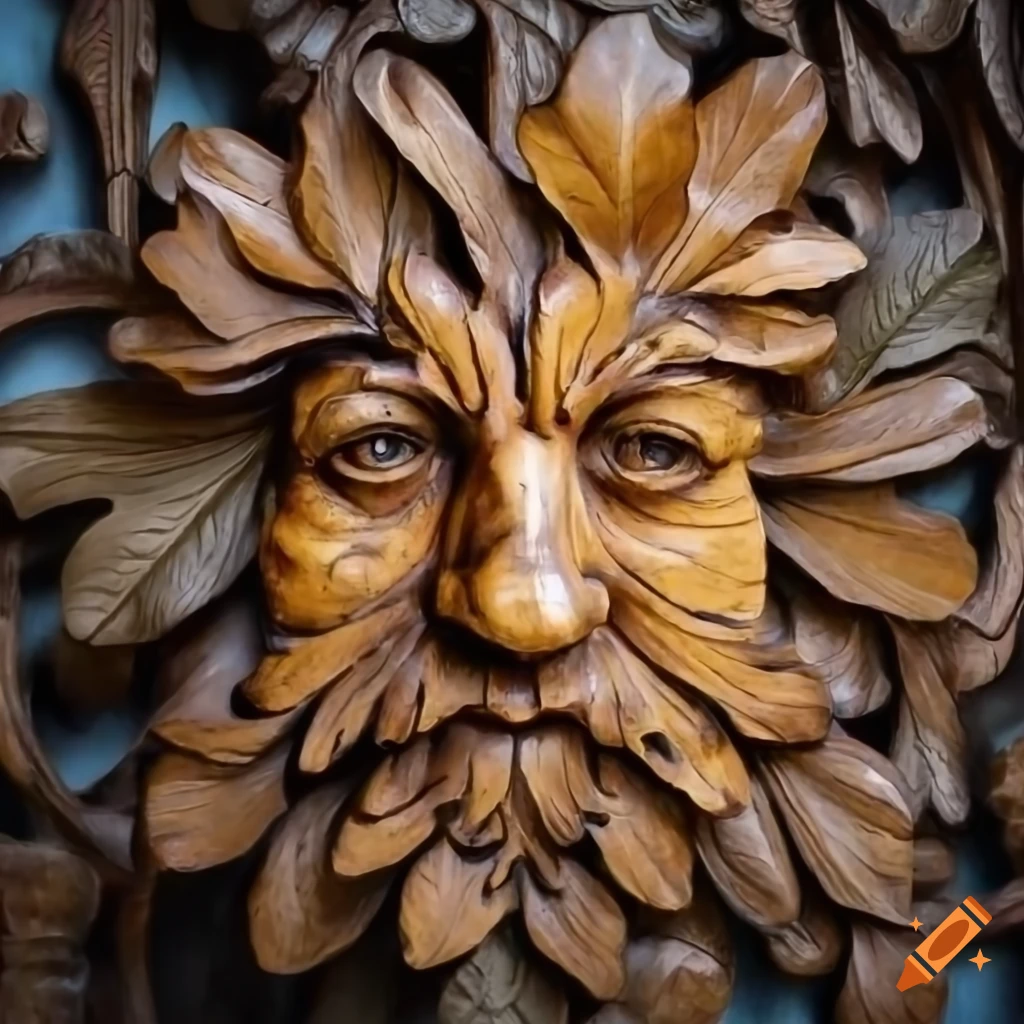 detailed oak man sculpture surrounded by oak leaves