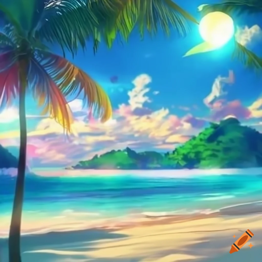 anime-style sunset at a tropical beach