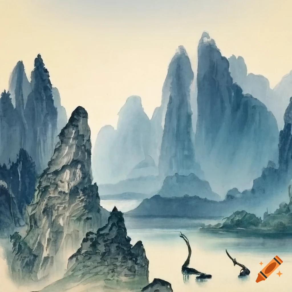 Chinese landscape painting with water, cranes, and mountains