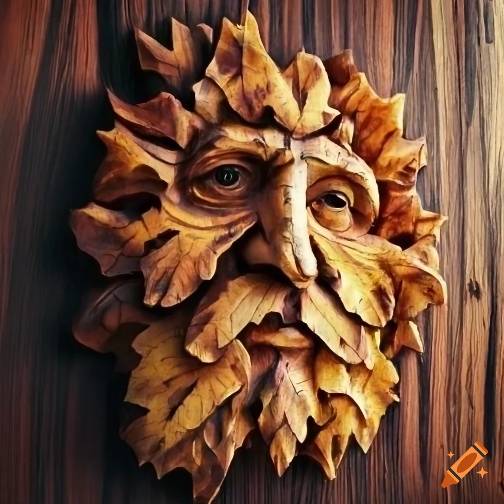 detailed birch wood carving of a Green Man