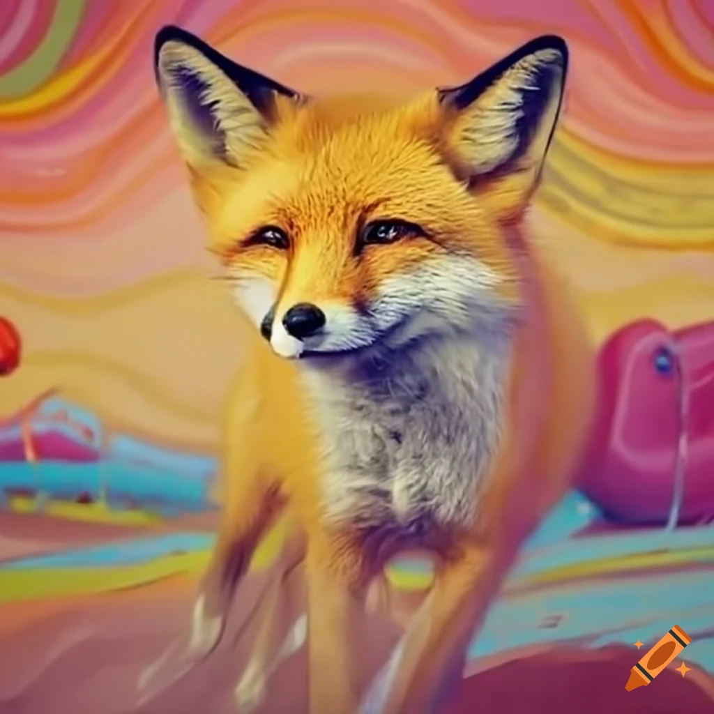painting of a yellow fox running in a candy land