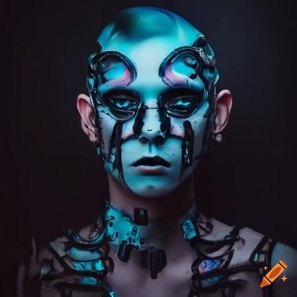 cyberpunk male photographer with biomechanical body modifications