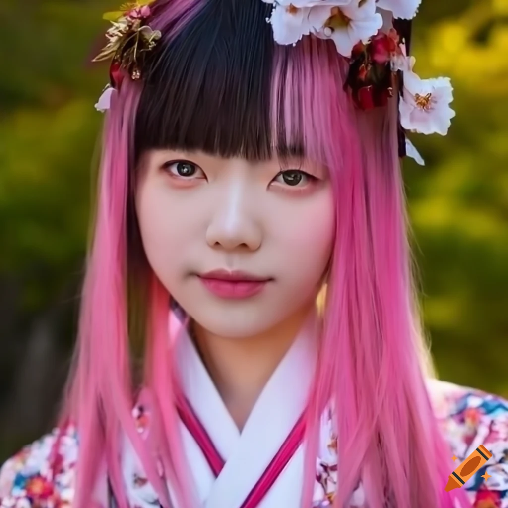 anime girl in traditional Japanese attire admiring cherry blossoms