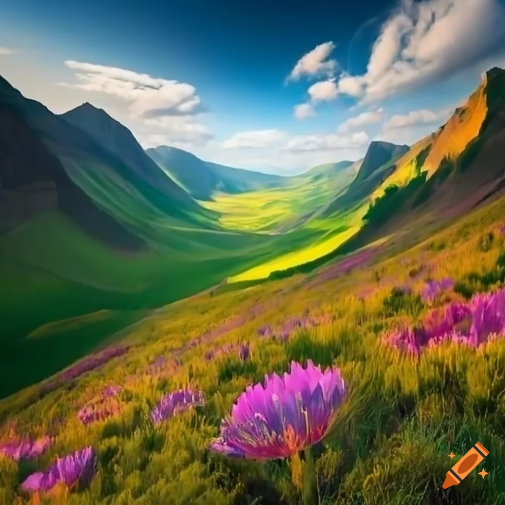 wide-angle view of a flower-covered valley surrounded by mountains