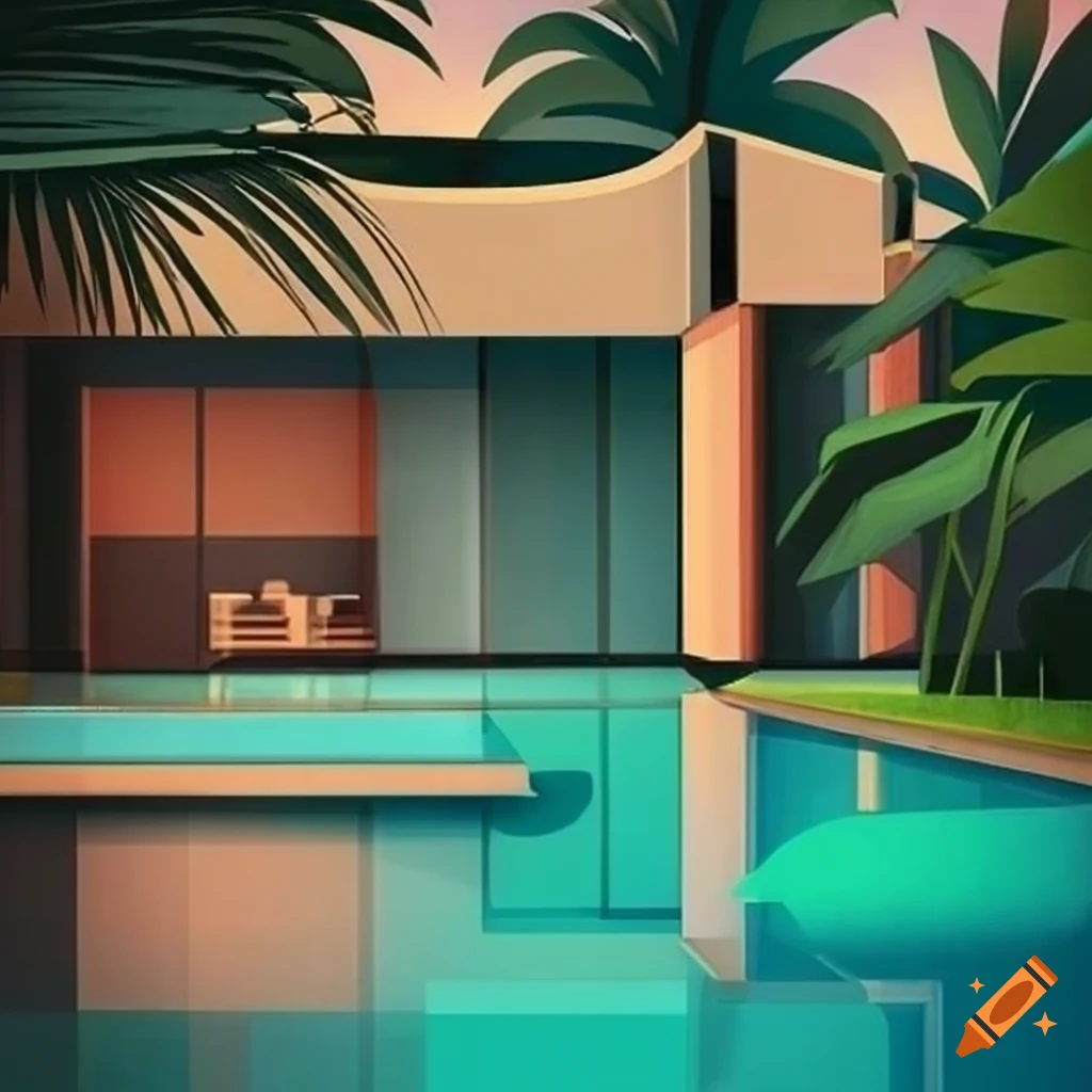 art deco concrete house, lush tropical landscaping, outdoor terraces, reflective pools, mid-century illustration style, architectural design