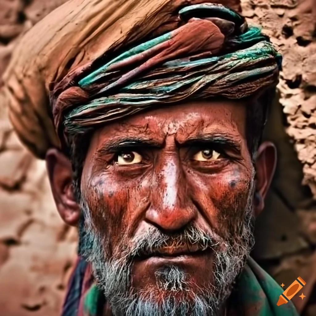 portrait of an Afghani man in front of a carvings-covered wall