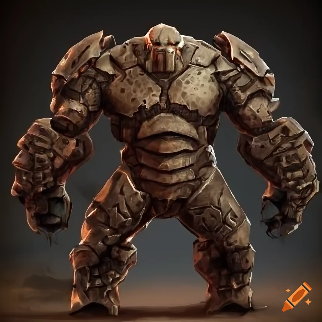 A armored golem with heavy armor. sharp, focused, symmetryc. side front ...