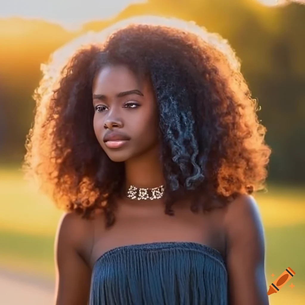 A photograph of a young beautiful black dark skinned women with white coloured curly hair, golden hour