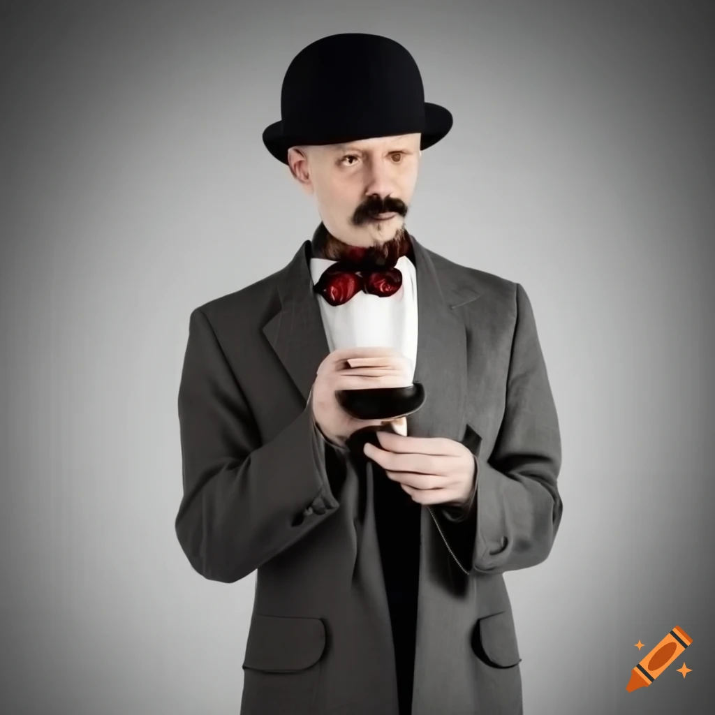 Man in a grey coat and bowler hat and mustache sipping tea