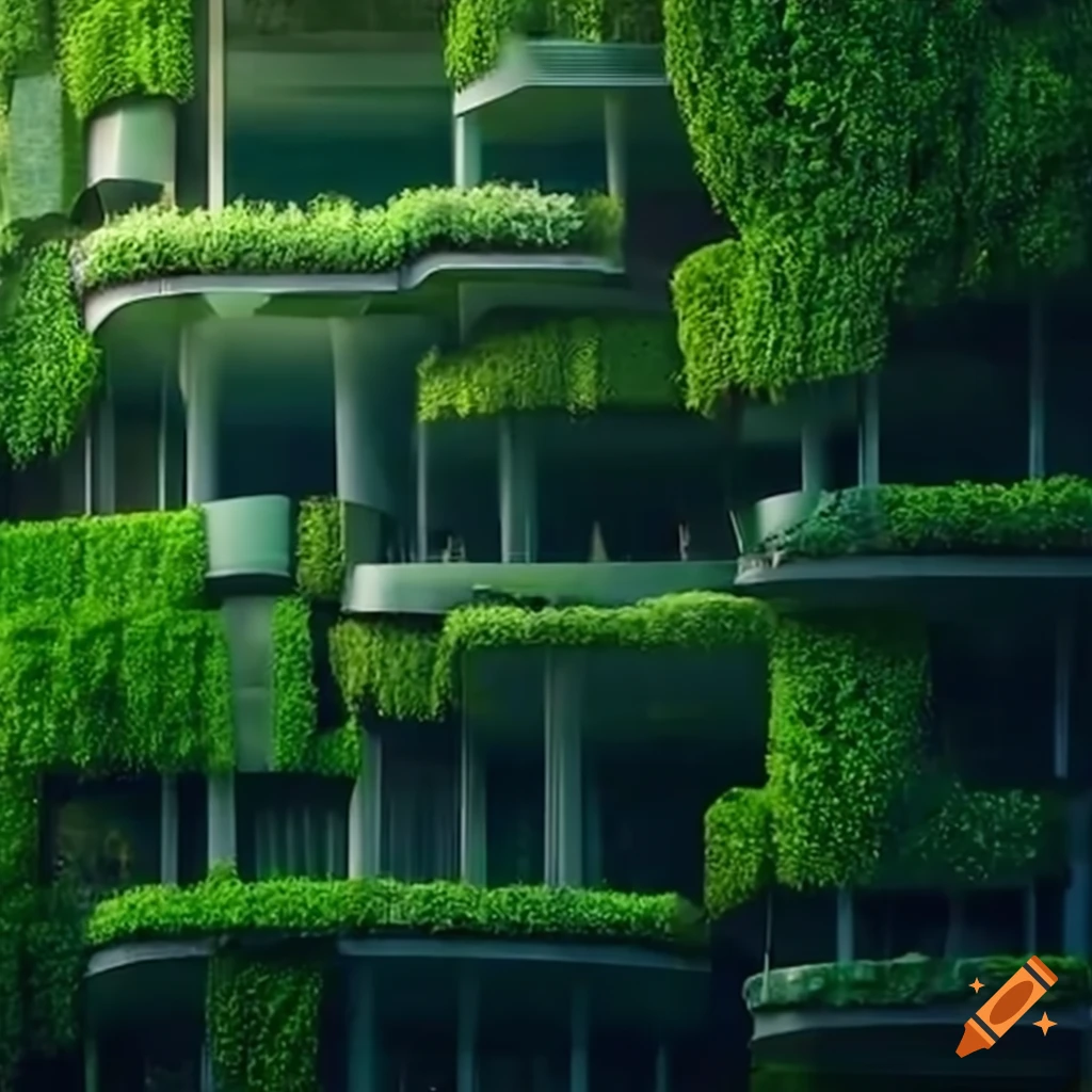 futuristic eco-friendly city with flying robots and greenery