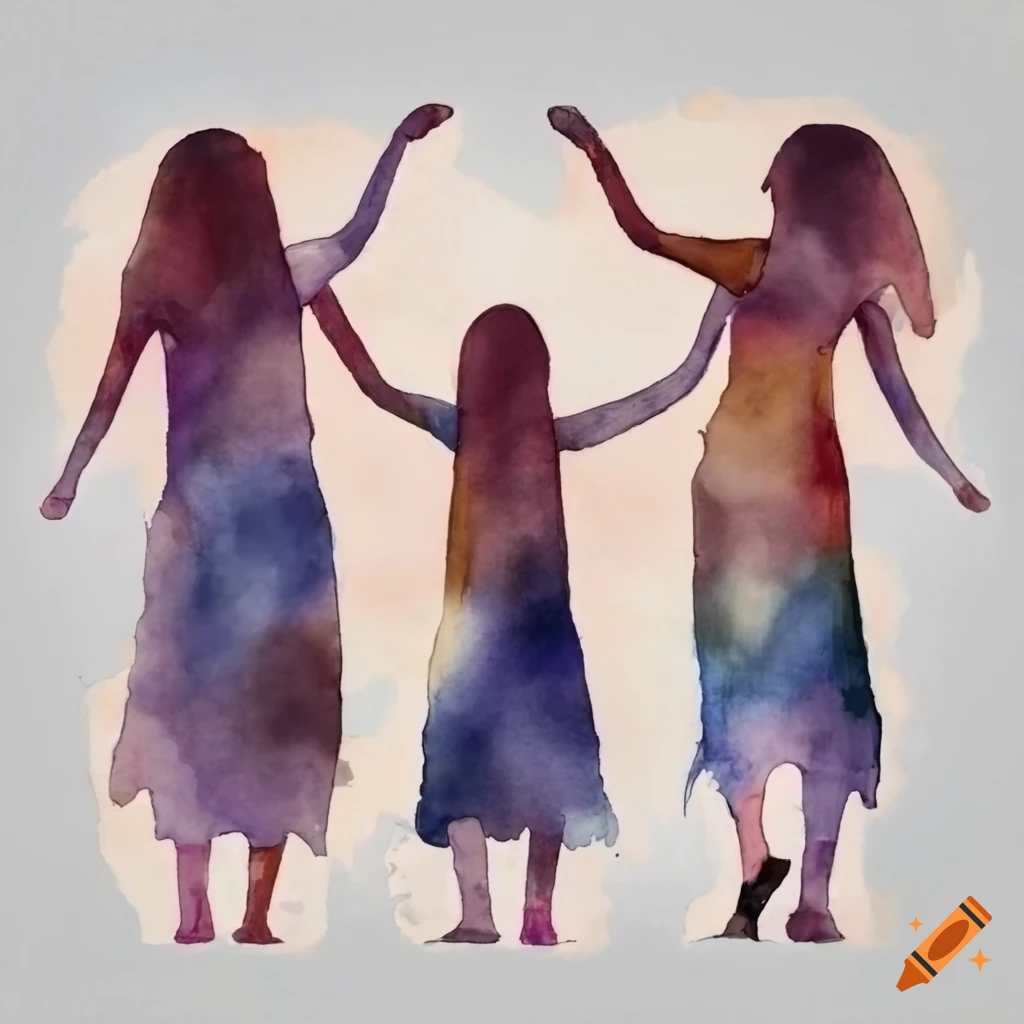 watercolor painting of three friends embracing