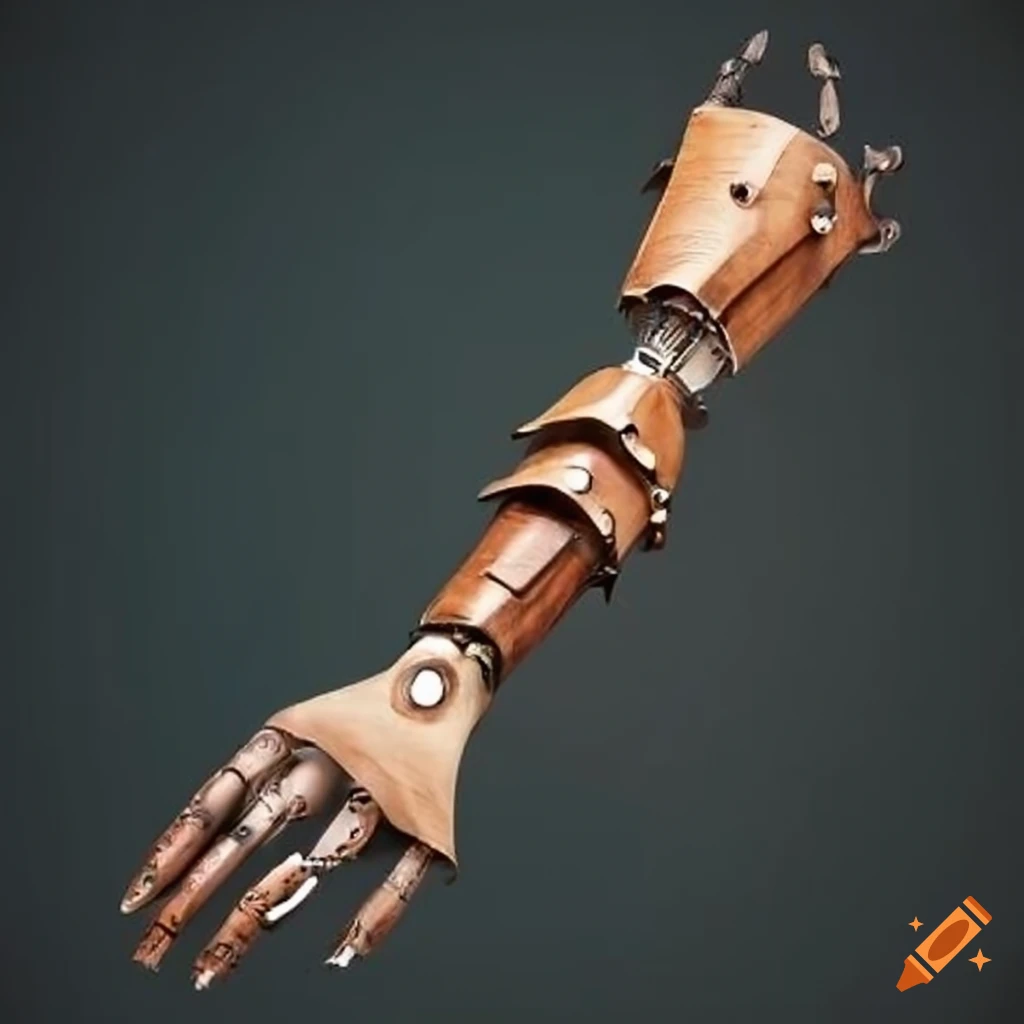 a fantasy wooden and metal prosthetic arm