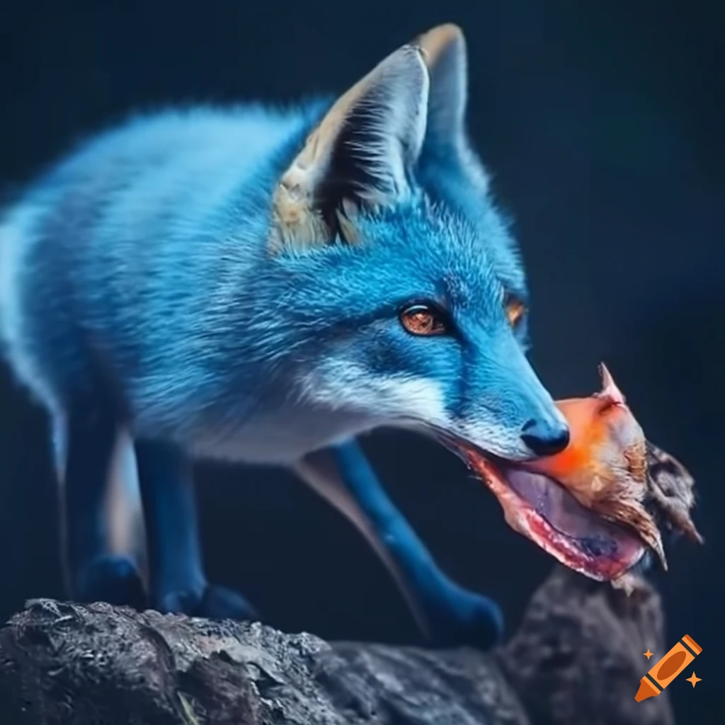 Blue fox, eating a fish on Craiyon