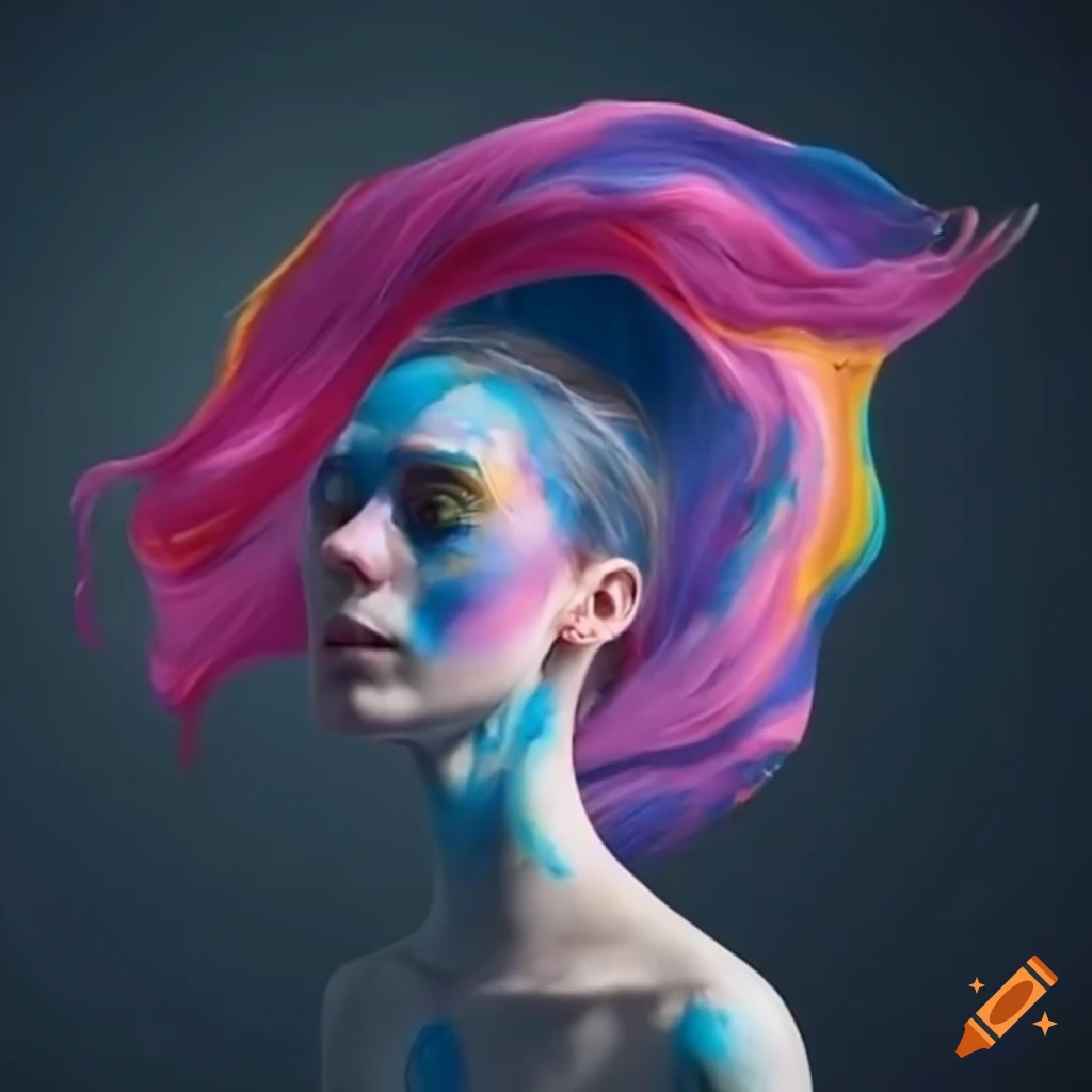 artistic depiction of a woman with paint swirls as hair in zero gravity