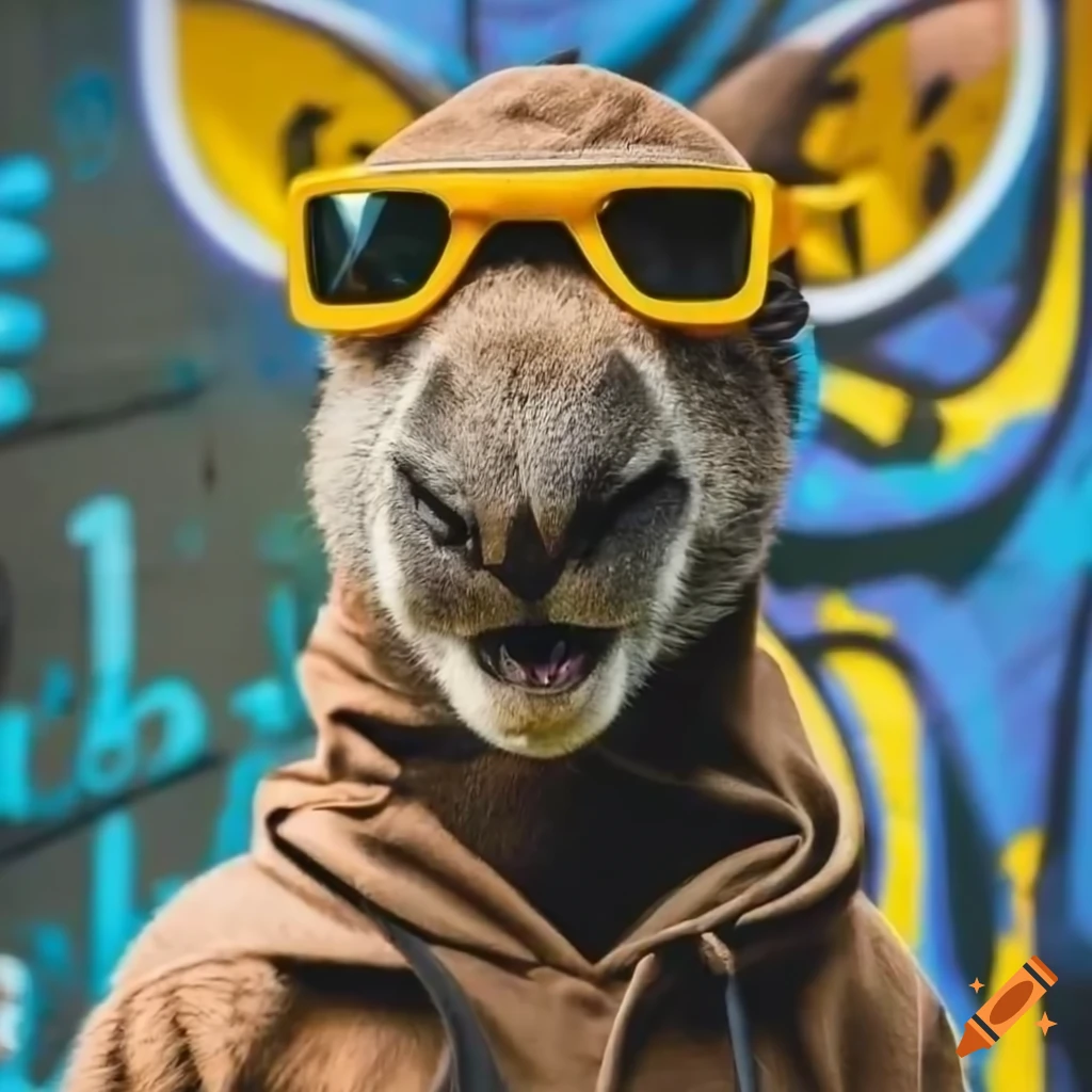 cool kangaroo posing in front of graffiti wall