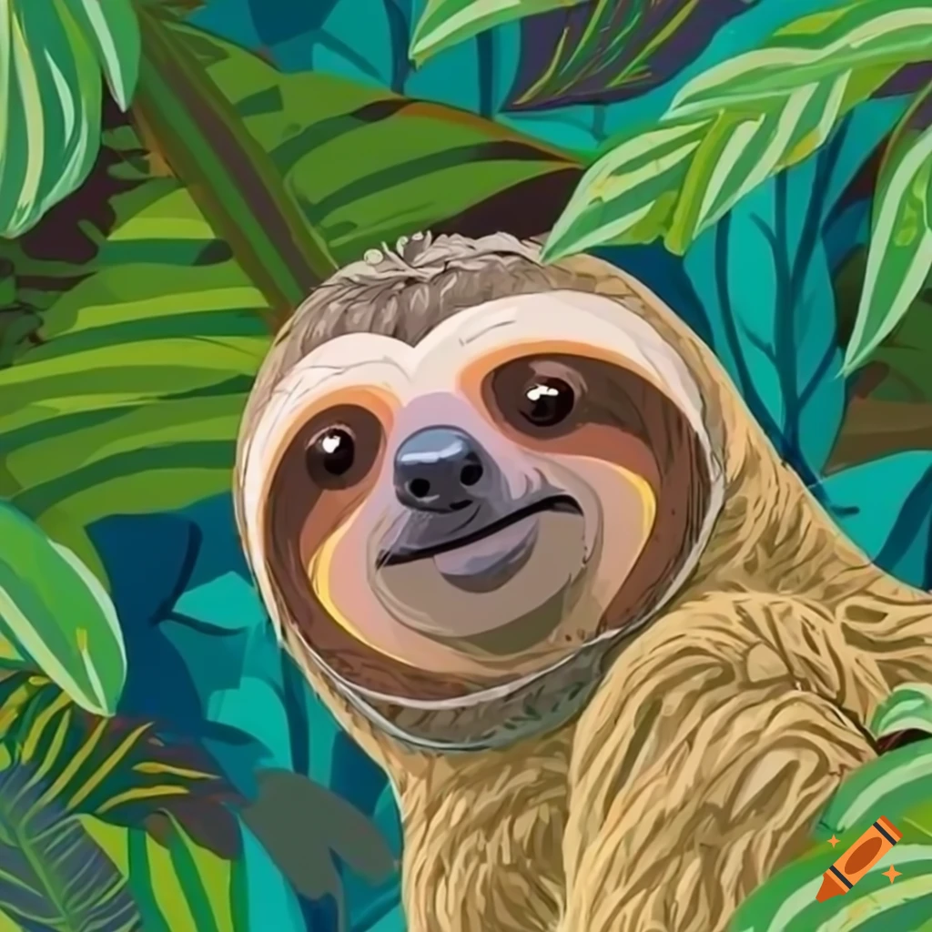 colorful jungle with a sleepy sloth