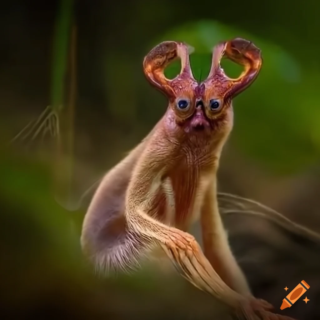 Consider an imaginary creature that looks like an animal. He is not like any other animal and has a strange appearance. Draw it in nature and from a distance as a real photo