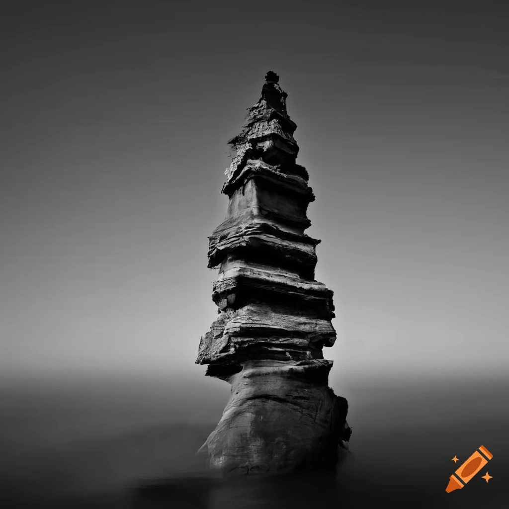 black and white surreal image of a ruined stone tower