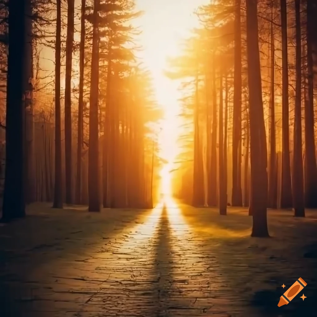 sunset street with pine tree forest in the background