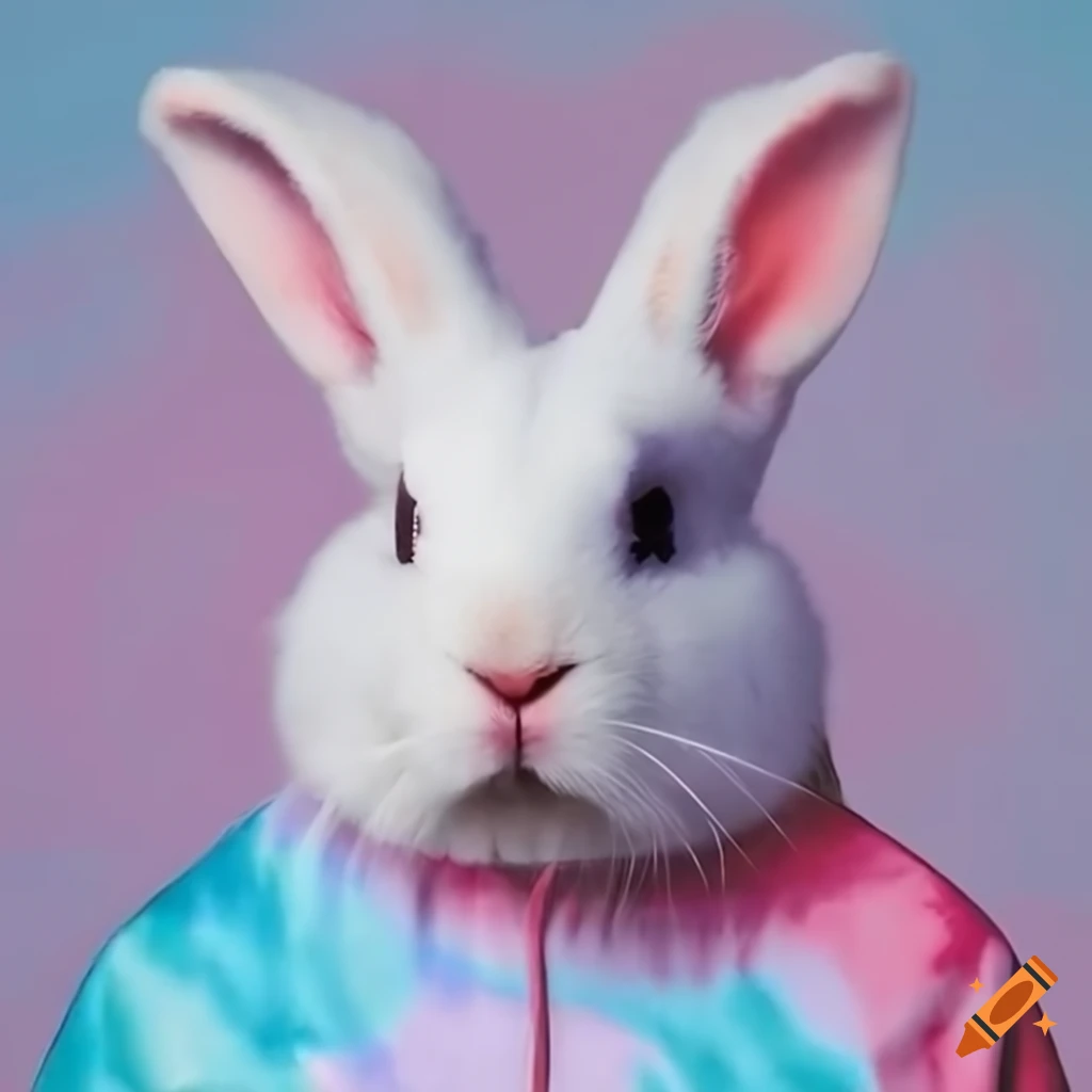 cute bunny wearing a tie-dye hoodie