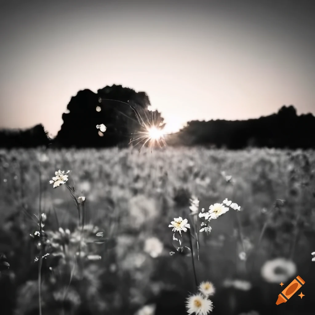 black and white sunset over a field of flowers
