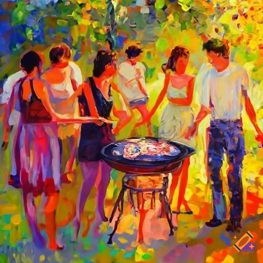 impressionist painting of friends at a summer BBQ