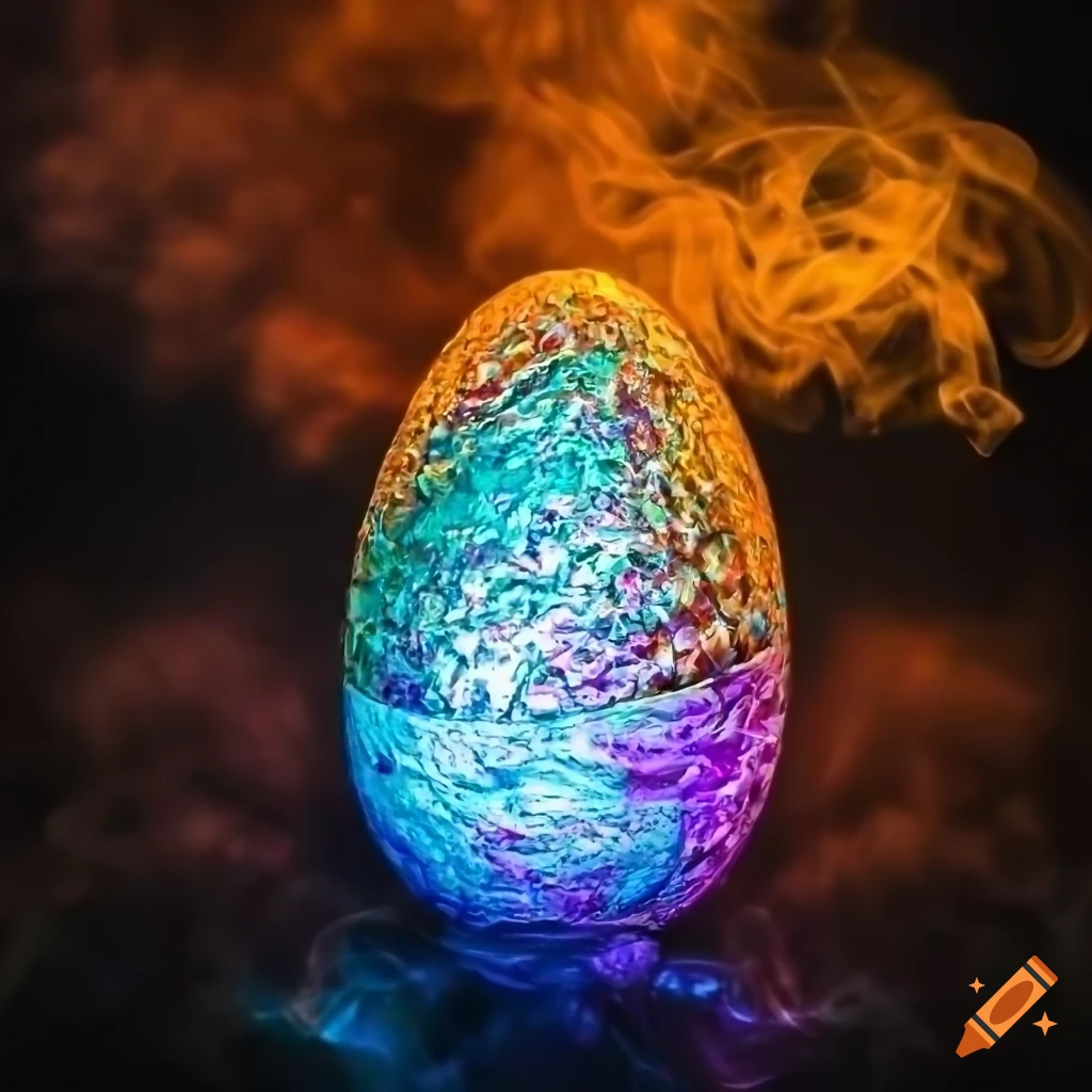 HD photo of a foiled aluminum egg with colorful smoke