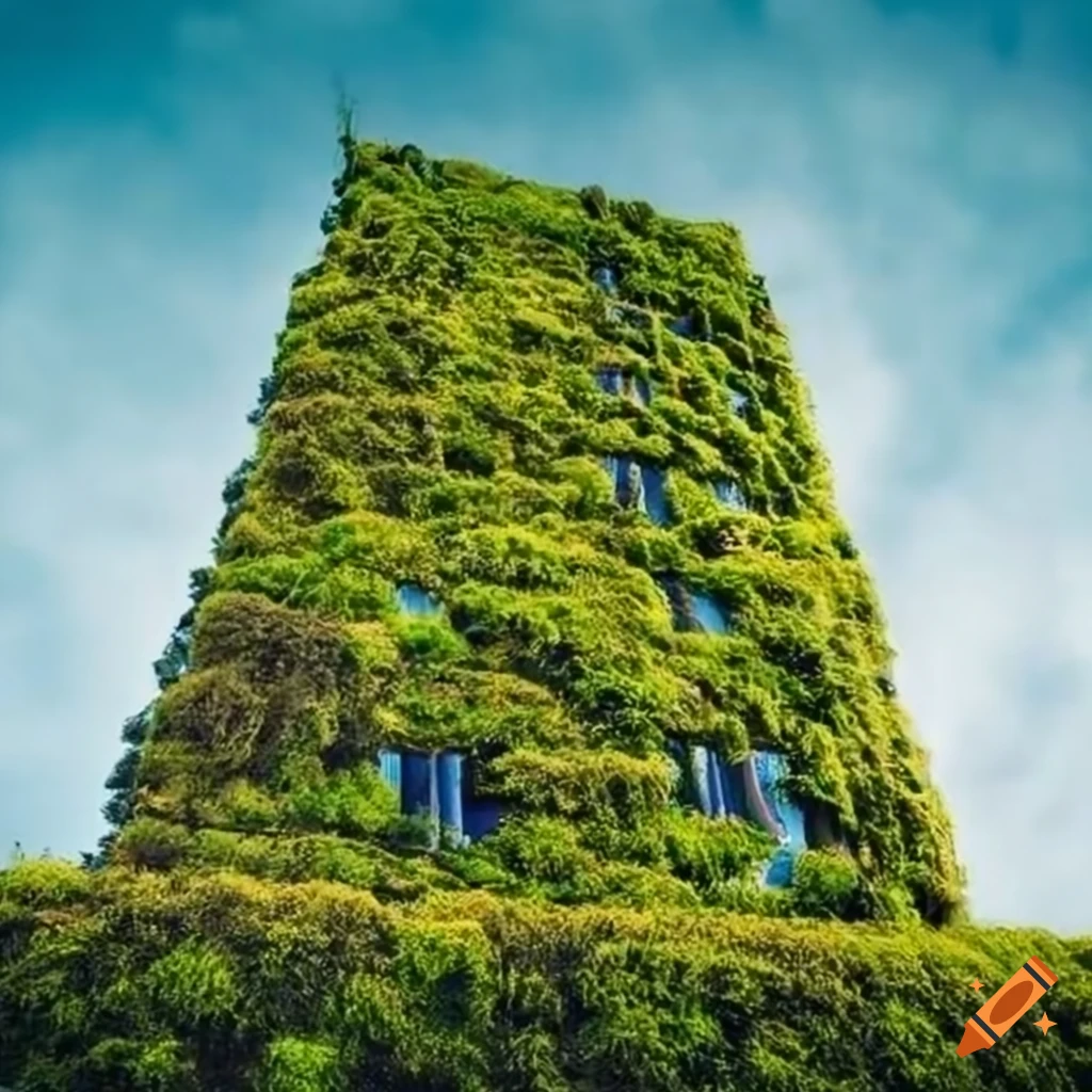 photograph of a modern building covered in moss and flowers
