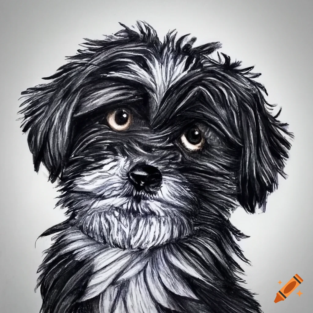 artistic drawing of a black Havanese puppy