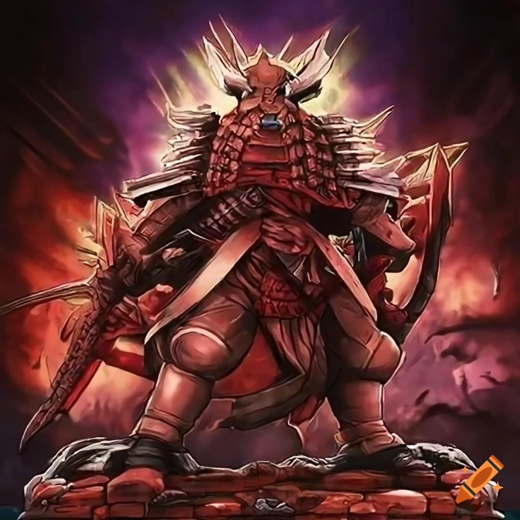 Illustration of a red yeti warrior with scrap armor on Craiyon