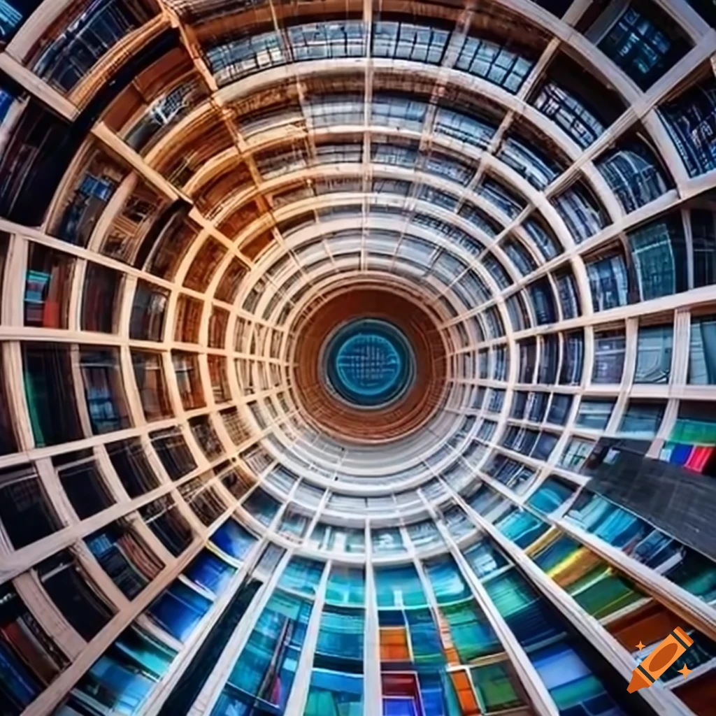 image of a futuristic library with a colored circle