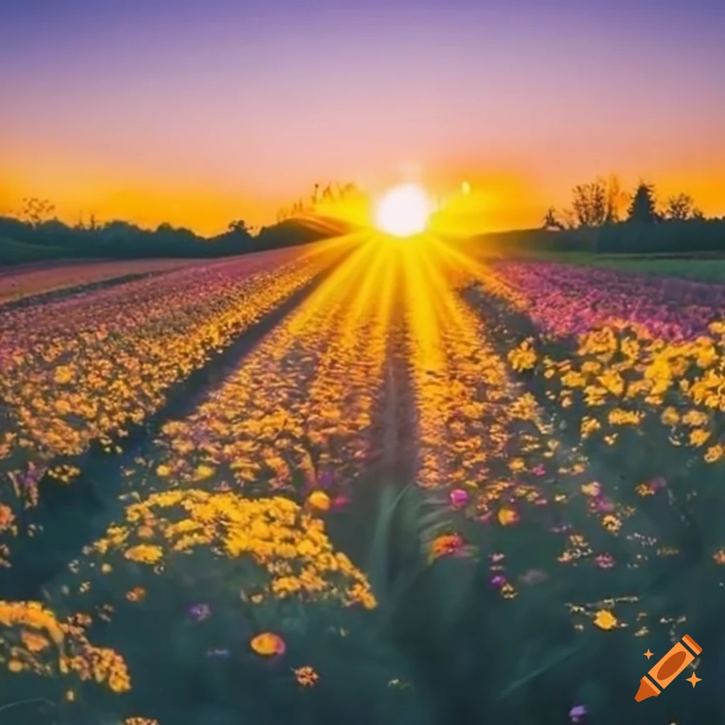 golden hour in a beautiful flower field