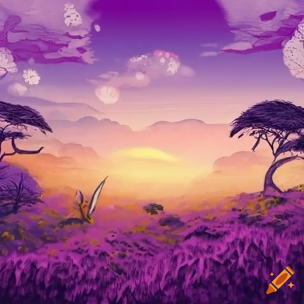 hand-drawn bird's-eye view of a purple fantasy savanna