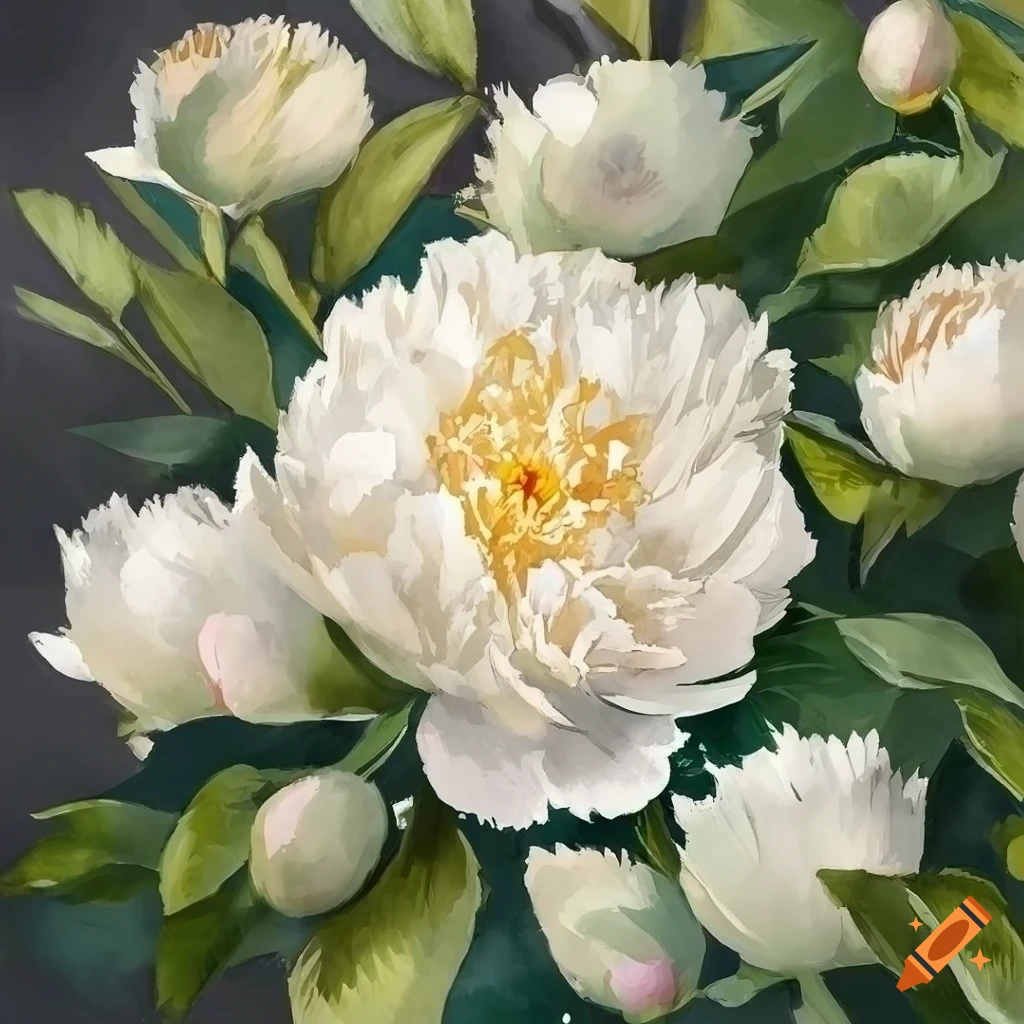 watercolor illustration of white peonies with a woman's face and golden halo