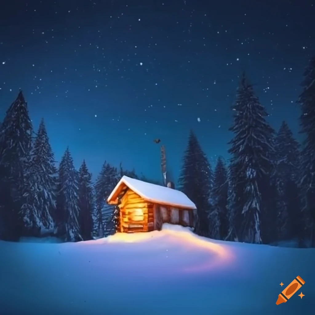 cabin in the snow under a starry sky