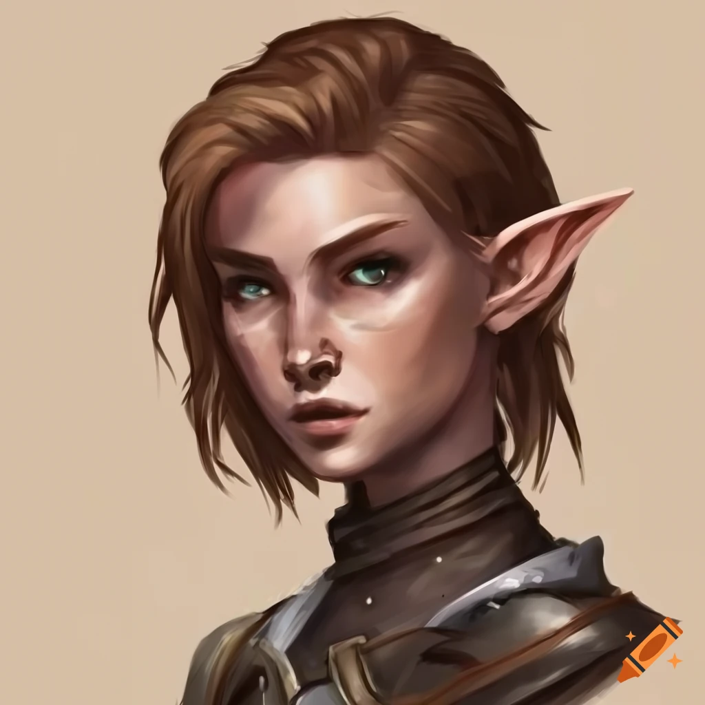 Female half elf rogue short brown hair dark eyes on Craiyon
