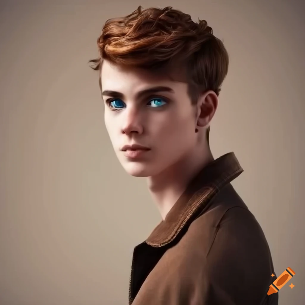 Young adult male with brown hair blue eyes and a casual outfit standing