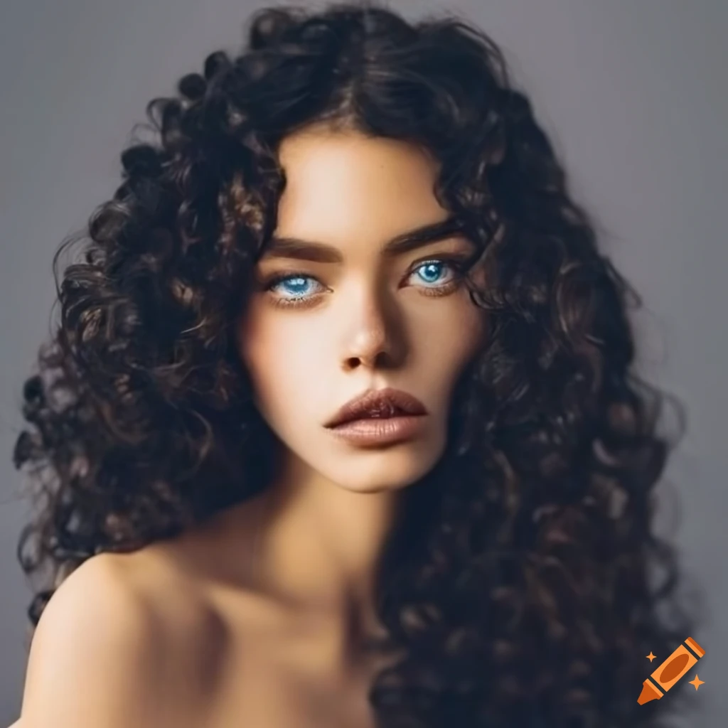 A portrait of a woman with olive skin, long curly black hair, small heart-shaped face, small light lips, high cheekbones, blue eyes