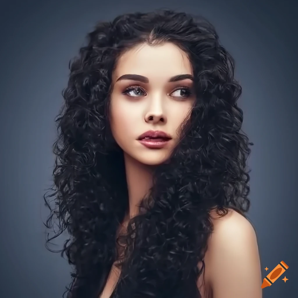 Portrait of a young woman with curly long black hair, olive skin, slim face, high cheekbones, light violet eyes with long thick lashes, sharp chin, a narrow nose, petite thin lips
