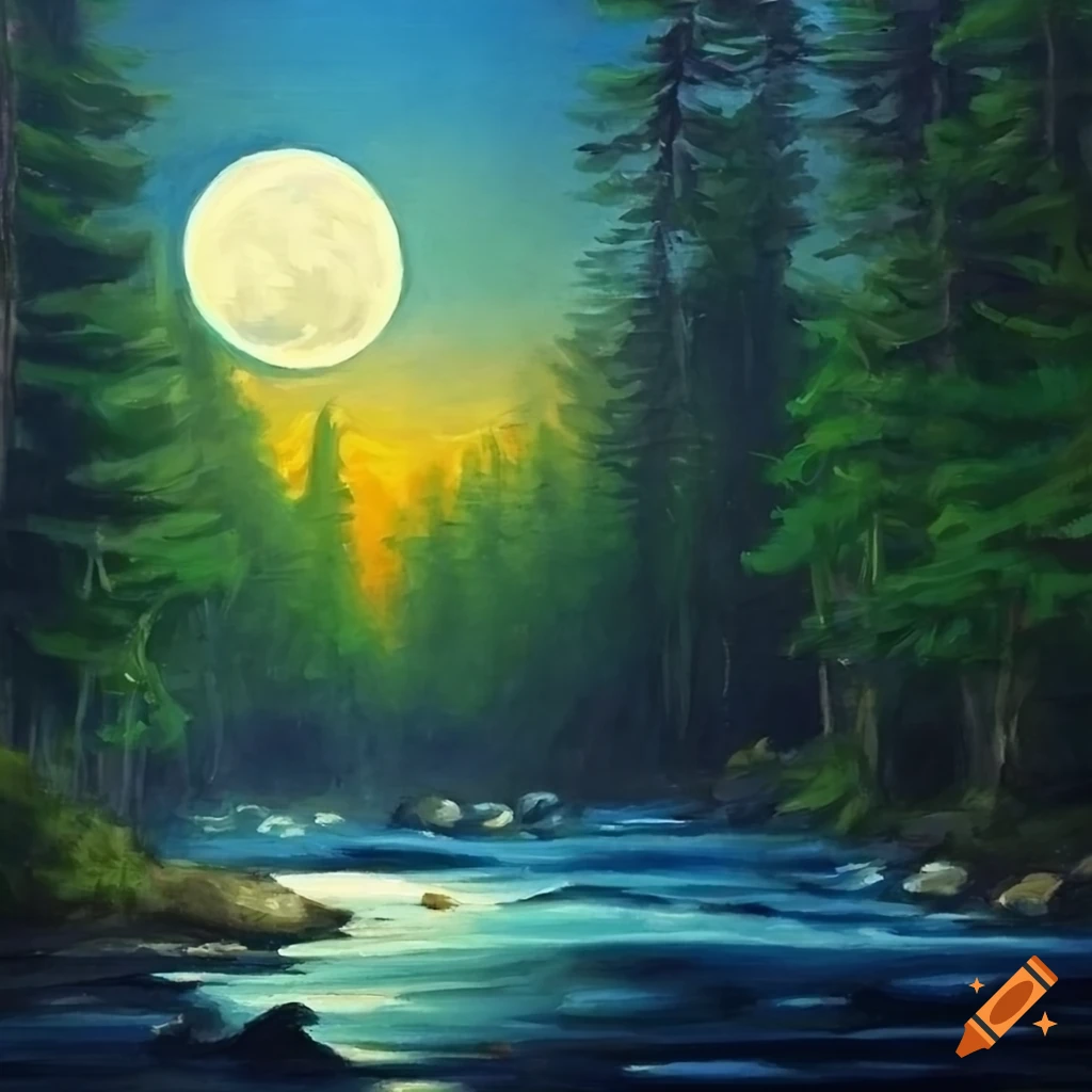 Color painting art, moonlight, pine forest, stream, rock, fisher man ...