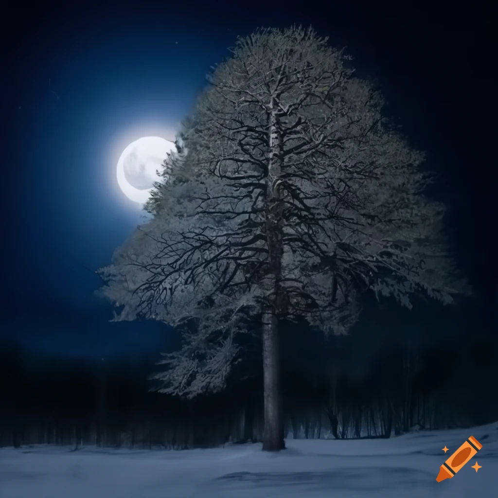 winter night with full moon and a tree