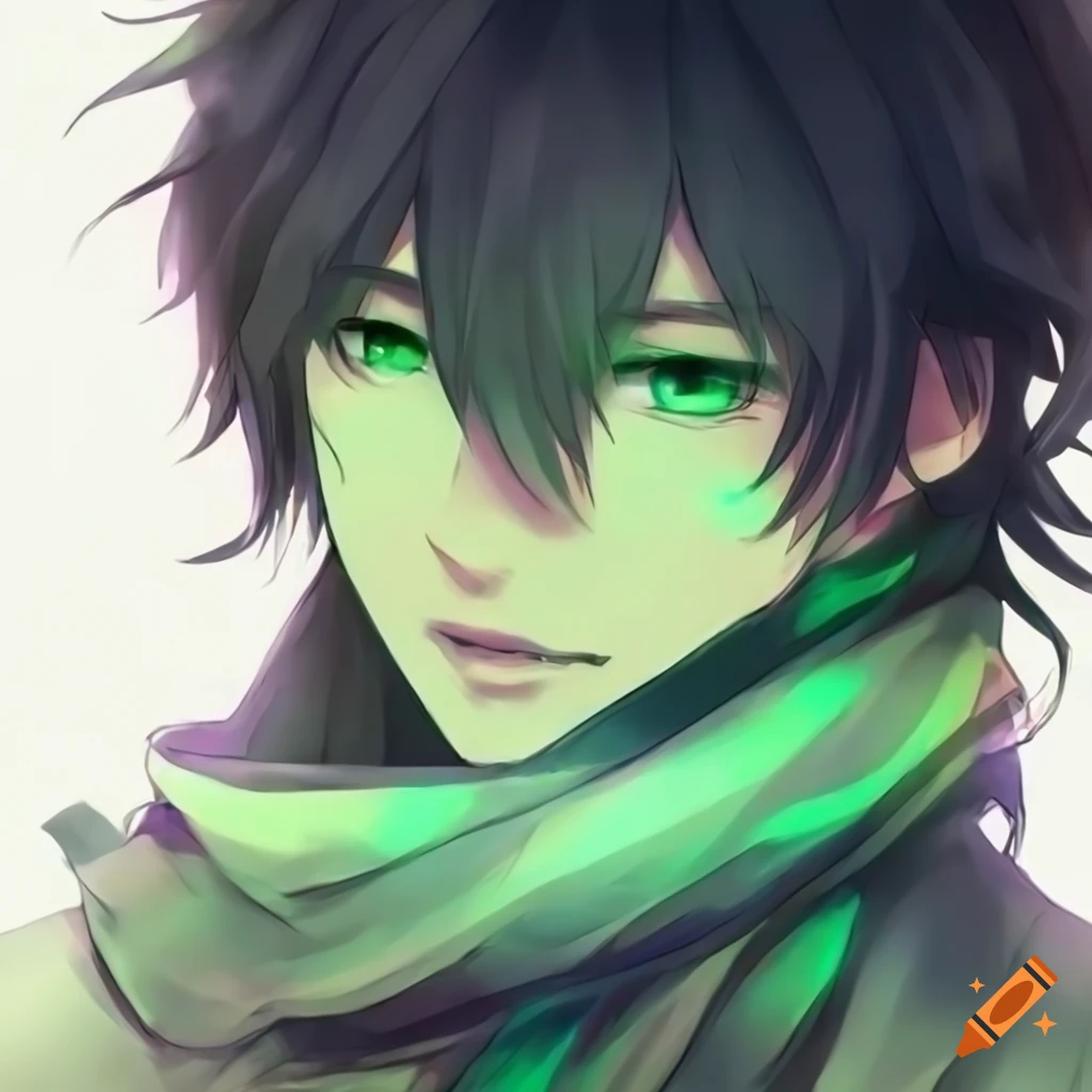 Anime young male adult with black hair wearing a scarf and green glowing eyes