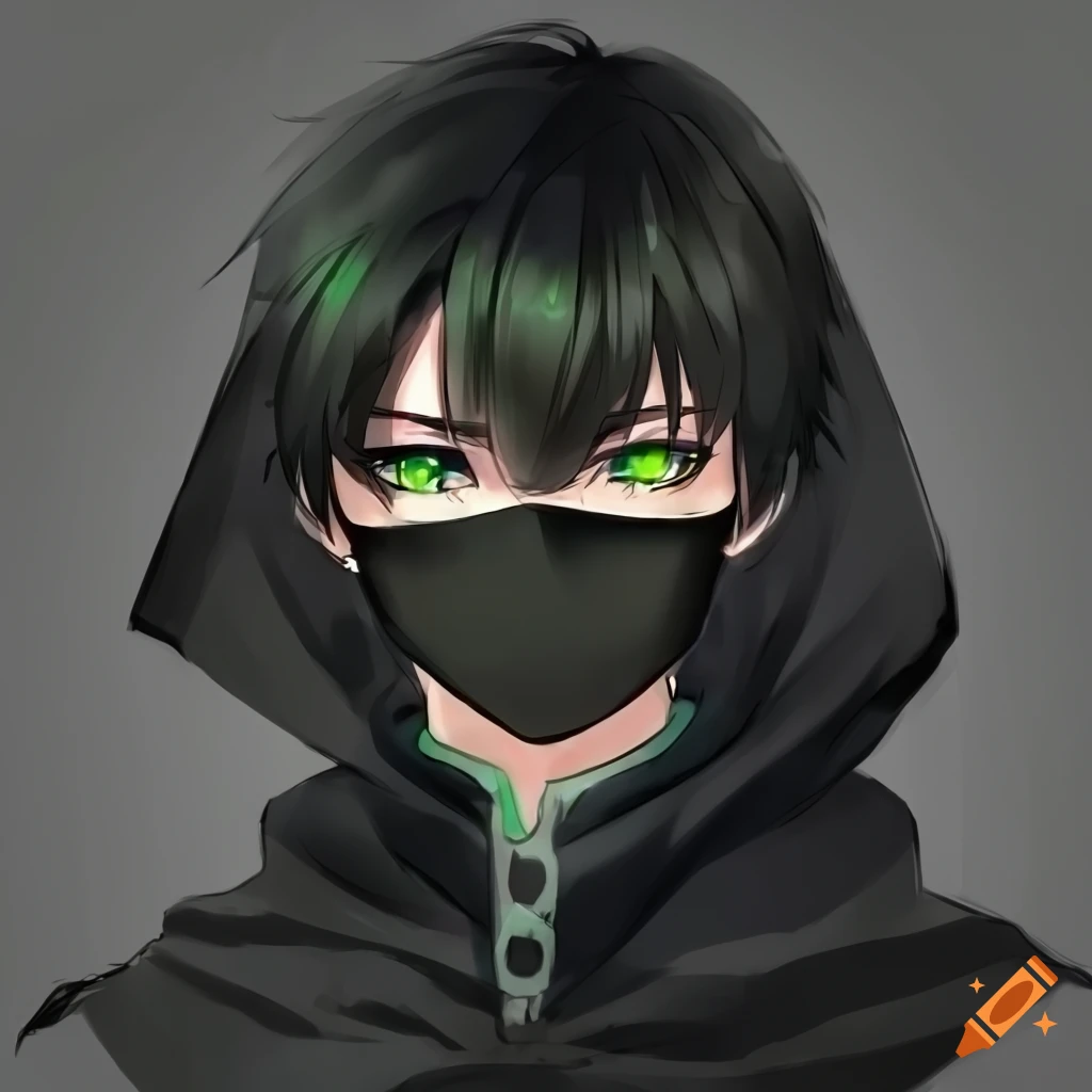 Anime human male, green eyes, black hair, a black cloak with green accents. Black face mask over nose and mouth