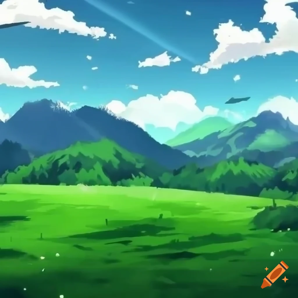 anime mountain background with fields