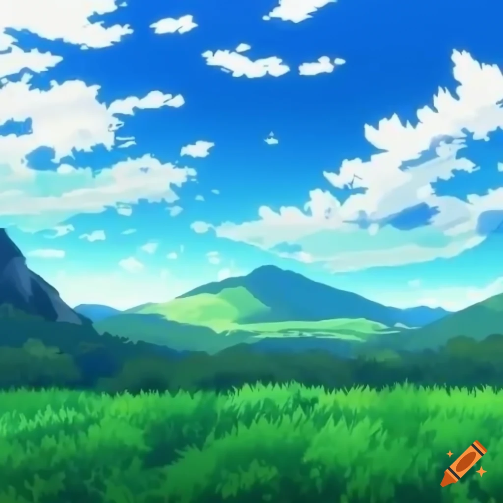 anime mountain background with fields
