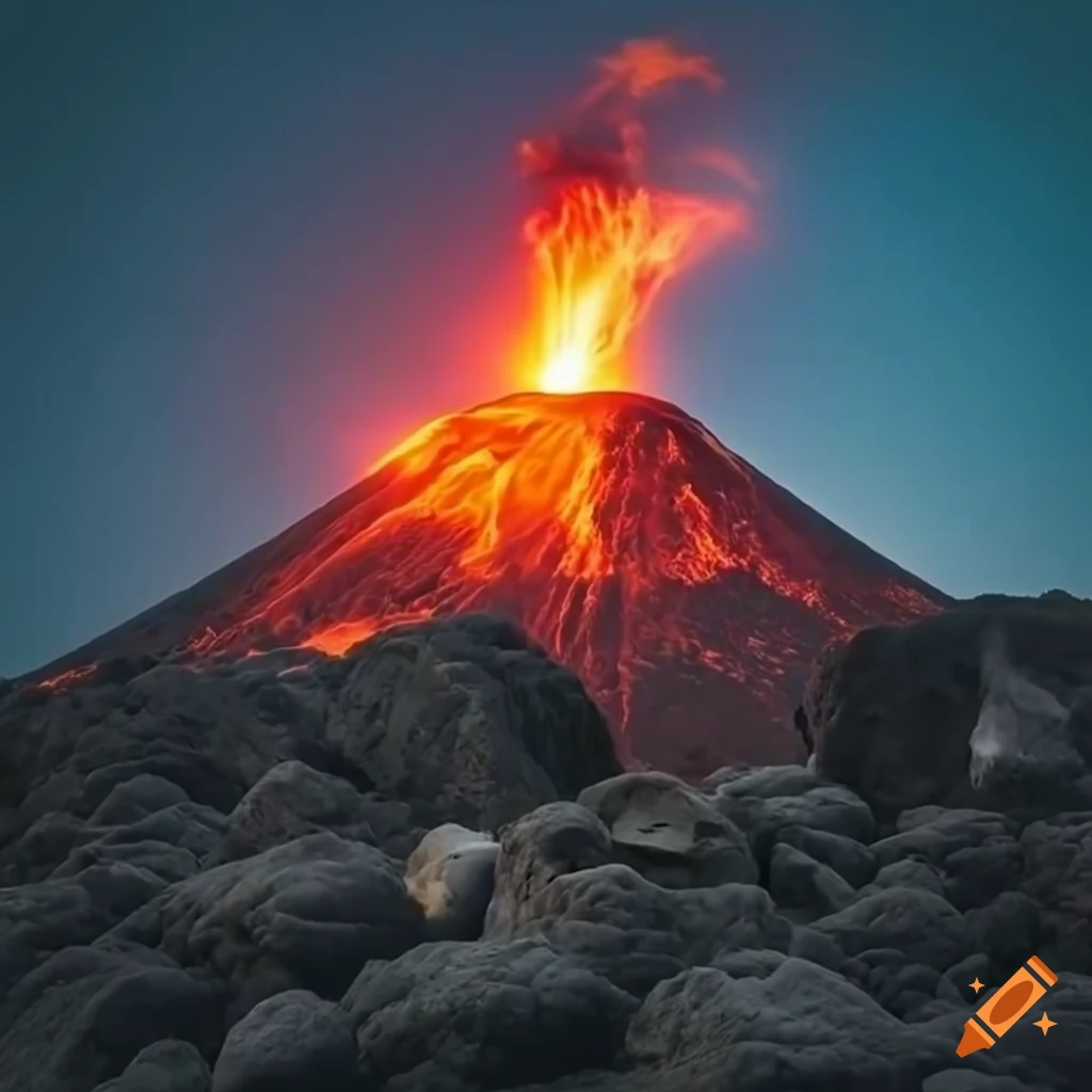 Real life, a rocky foreground, with a green sky and erupting volcano backdrop, high quality, realistic lighting, photo realistic, ultra realistic,ultra realism, 8K definition, perfectly detailed, amazingly accurate, awesome and cool photography