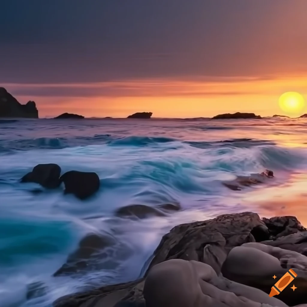 sunset at the ocean with crashing waves on rocks