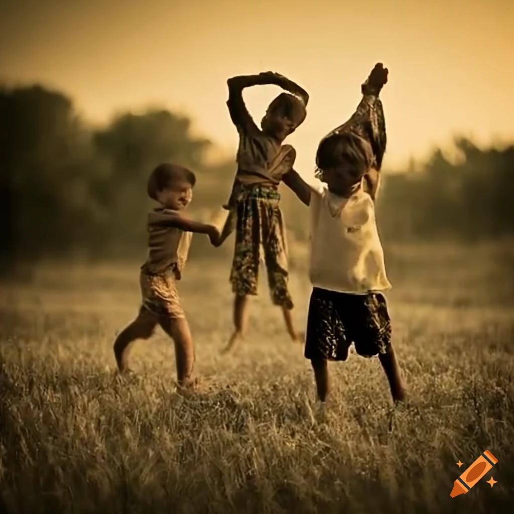 Village children are playing in a field