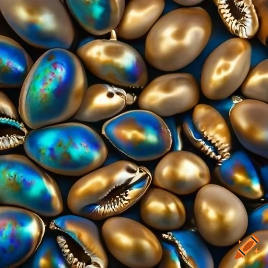 pile of peacock blue and gold cowrie shells
